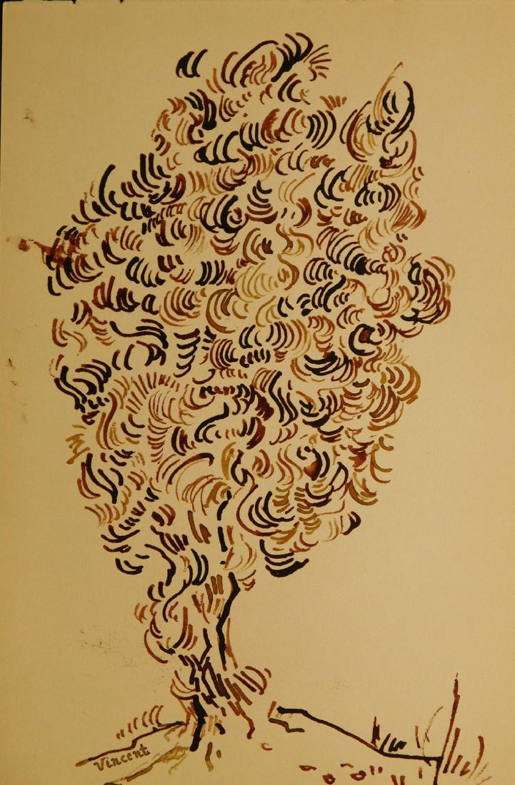Vincent Van Gogh: Double-sided Sketchbook Drawing: Vincent Van Gogh Attributed, in the manner of the artist (1853-1890): Tree Study, signed Vincent, and Landscape with Haystack, unsigned, pen and ink drawings on both sides of a single sketchbook page.