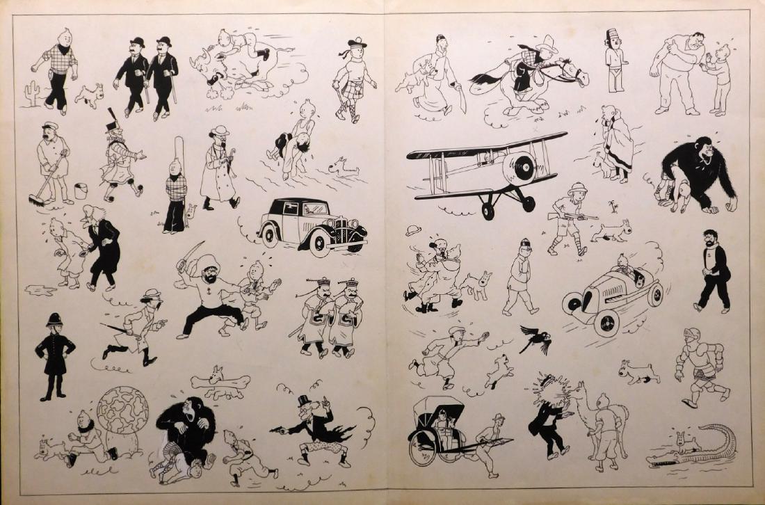 Herge: Tintin illustrations: Georges Remi Herge (1907-1983): Illustrations of Tinin, signed on the back. Original ink drawings with pencil indications and white-out corrections, on paper, folded in center. Unframed. Unframed. Dim