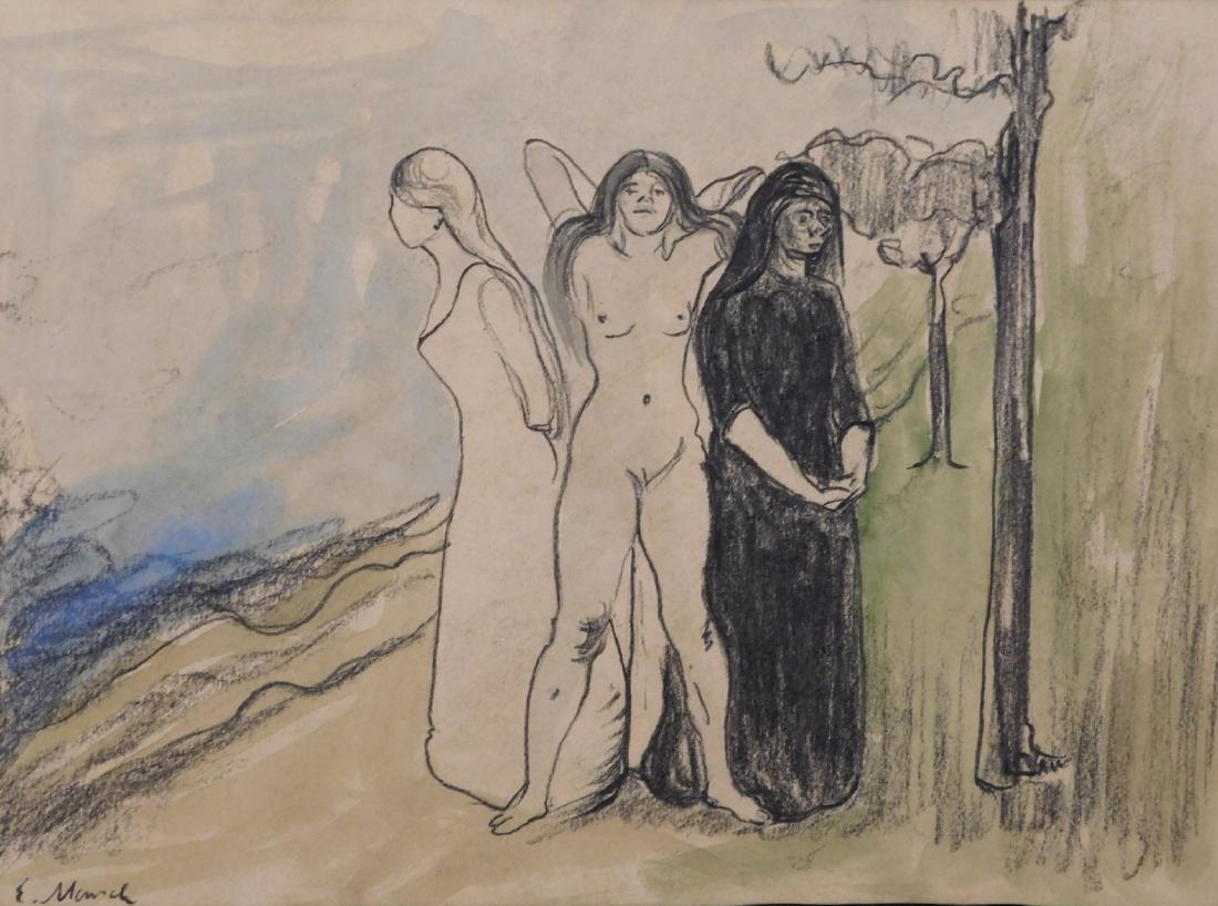 Edvard Munch: Women (Study): Edvard Munch (Norwegian, 1863-1944) Manner of: Women (Study), Charcoal and watercolor on paper, signed lower left, marked on reverse by a reference number and stamp, unframed. This study is accompanie