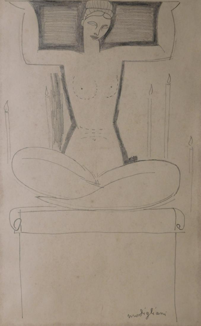 Amedeo Modigliani: Seated Nude Woman: Amedeo Modigliani (Italian 1884-1920)Attributed: Seated Nude Woman signed lower right. Unframed. Condition: Good aged condition Provenance: Estate of Silvio Aguayo Espejo Vina del Mar Chile Notes: Ple