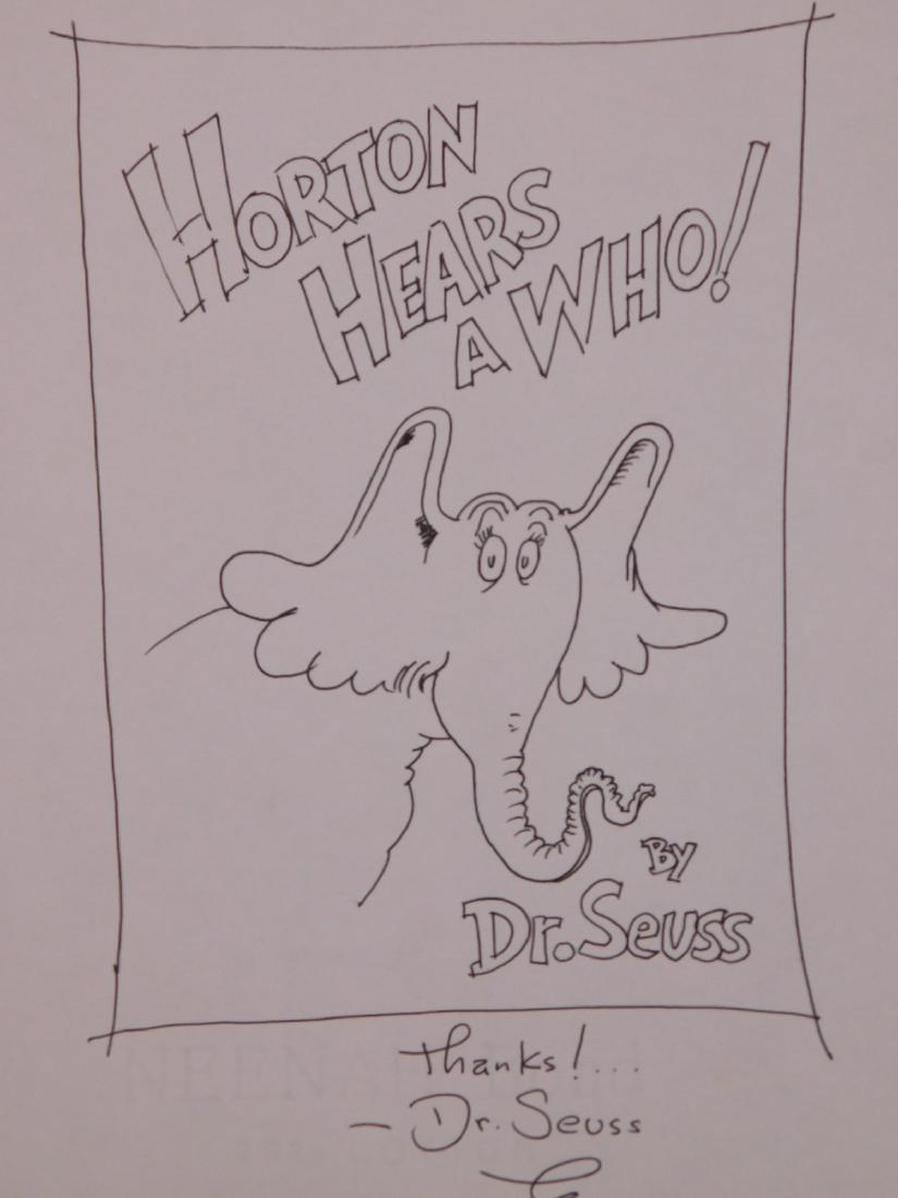 Dr. Seuss: Horton Hears a Who!: Dr. Seuss (American 1904-1991)Attributed: Horton Hears a Who! Ink on watermarked paper, signed "Thanks!... Dr. Seuss". Unframed. Dimensions: 11 x 8.5" paper. Private collection, New York.