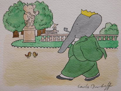 Laurent de Brunhoff:Babar: Laurent de Brunhoff (French 1899-1937)Attributed: Babar, signed lower right, unframed, ink and watercolor on rough watercolor paper. Dimensions: 6x8.69 inches Private collection Hungary