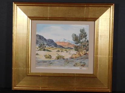 Maynard Dixon: Desert Landscape: Maynard Dixon (American, 1875-1946) Attributed/ Manner of: Southwest Town Scene with Church. Ink and Watercolor on paper, initialed bottom right. Framed. After spending his youth on a ranch in Fresno,