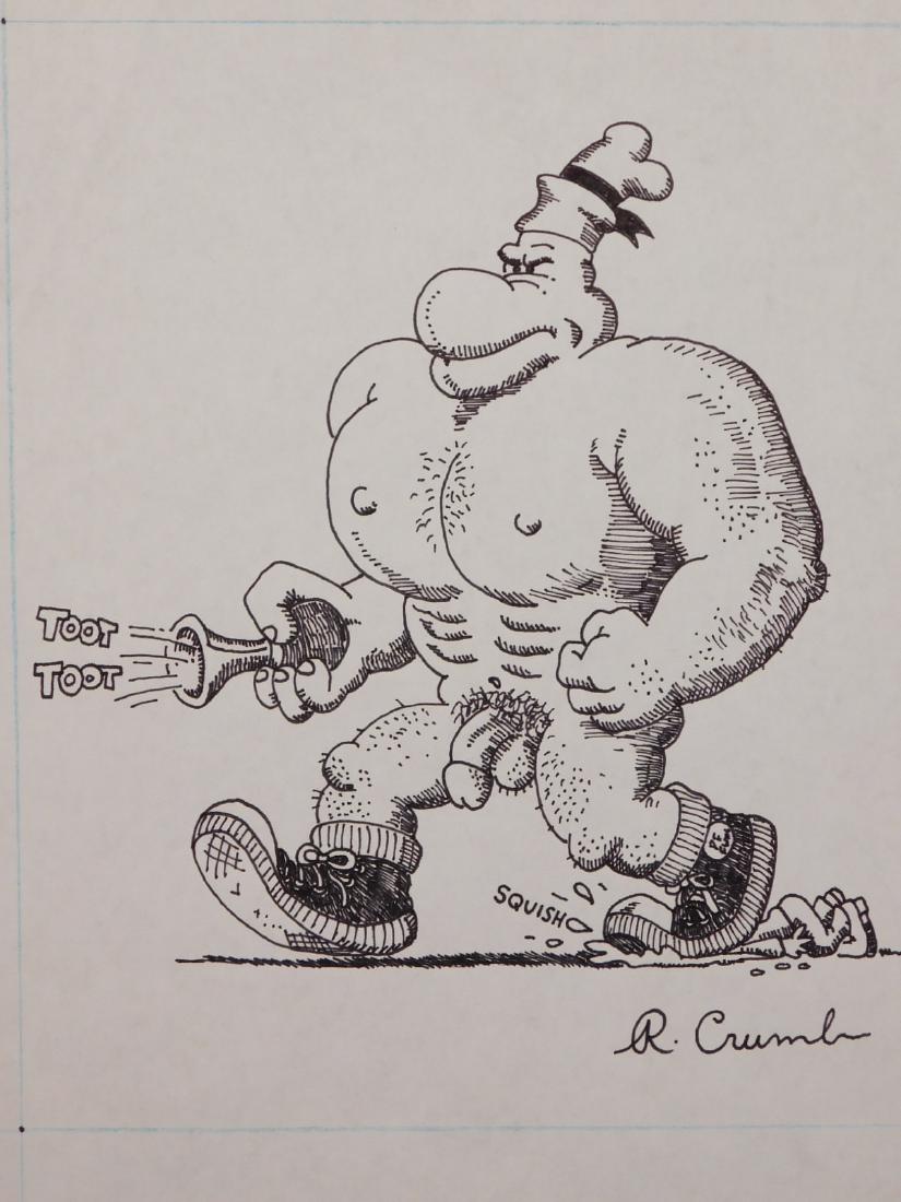 Robert Crumb: Nude Man with Horn: Robert Crumb (American, 1943- ) Attributed: ink on paper, signed bottom right. Robert Crumb is a prolific American cartoonist whose work satirizes American culture . Much of his work is pornographic i