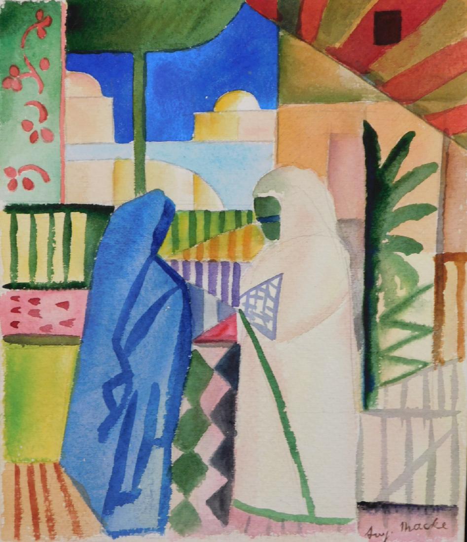 August Macke: Algiers Scene with Two Women: August Macke (German, 1887-1914) Attributed: watercolor on paper, signed bottom right, unframed. August Macke was a German expressionist painter affiliated with Der Blaue Reiter. Drawing inspiration f