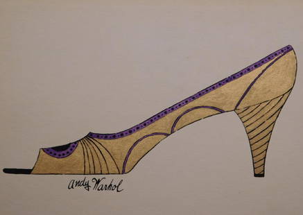 Andy Warhol: Gold Evening Shoe: Andy Warhol (1928-1987)Attributed: Gold Evening Shoe, ink drawing on paper, signed. Original mixed media drawing, watercolor, gold metallic paint, and black ink. Hinge remnants on reverse from previou