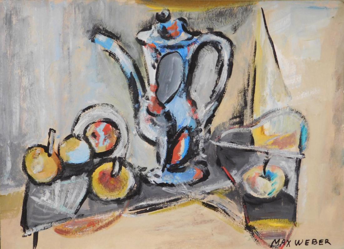 Max Weber: Still Life: Max Weber (American, 1881-1961) attributed: oil on paper, signed bottom right, stamped with label bearing "Charles Egan NY", unframed. Max Weber was a renowned artist and pioneer of cubism, although h