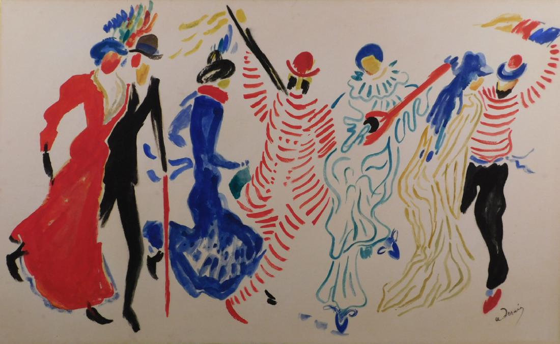 Andre Derain: Costume Design w/Strollers & Harlequins: Andre Derain (French, 1880-1954) attributed: Costume Design w/Strollers & Harlequins, gouache on cardstock, signed bottom right, undated auction label on back of frame,framed. André Derain was a Fren