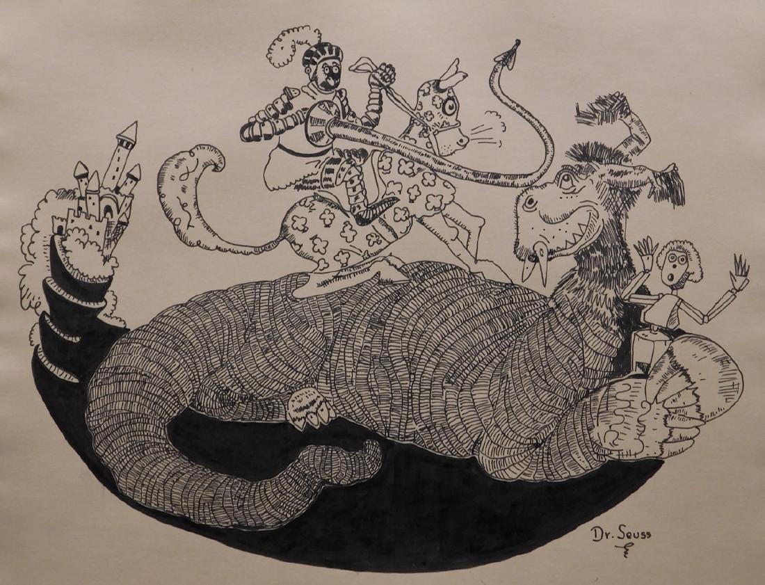 Dr. Seuss: Knight Fighting a Dragon: Dr. Seuss (American 1904-1991)Attributed: Knight Fighting a Dragon. Pen and ink on paper signed Dr. Seuss lower right. Unframed. 9.45 x 12.28 Paper. Private collection England, Estate of Silvio Aguayo