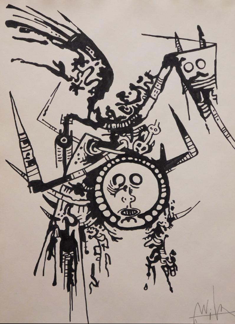 Wifredo Lam: Surreal Figures Drawing: Wifredo Lam (Cuba 1902-1982)Attributed: Surreal Figures Signed India ink drawing on buff-colored paper. Unframed Dimensions: 11x15 in. Provenance: Estate of Silvio Aguayo Espejo Vina del Mar Chile. Wi