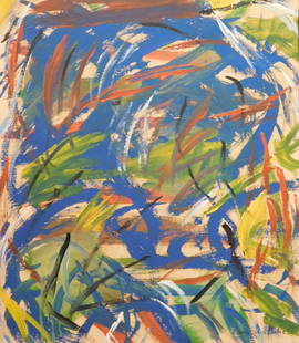 Joan Mitchell: Abstract Composition: Joan Mitchell (American, 1925-1992) Manner of: Abstract Composition. Oil on canvas, signed bottom right, framed. Dimensions: 18.2x16" canvas, 20.5x18" frame