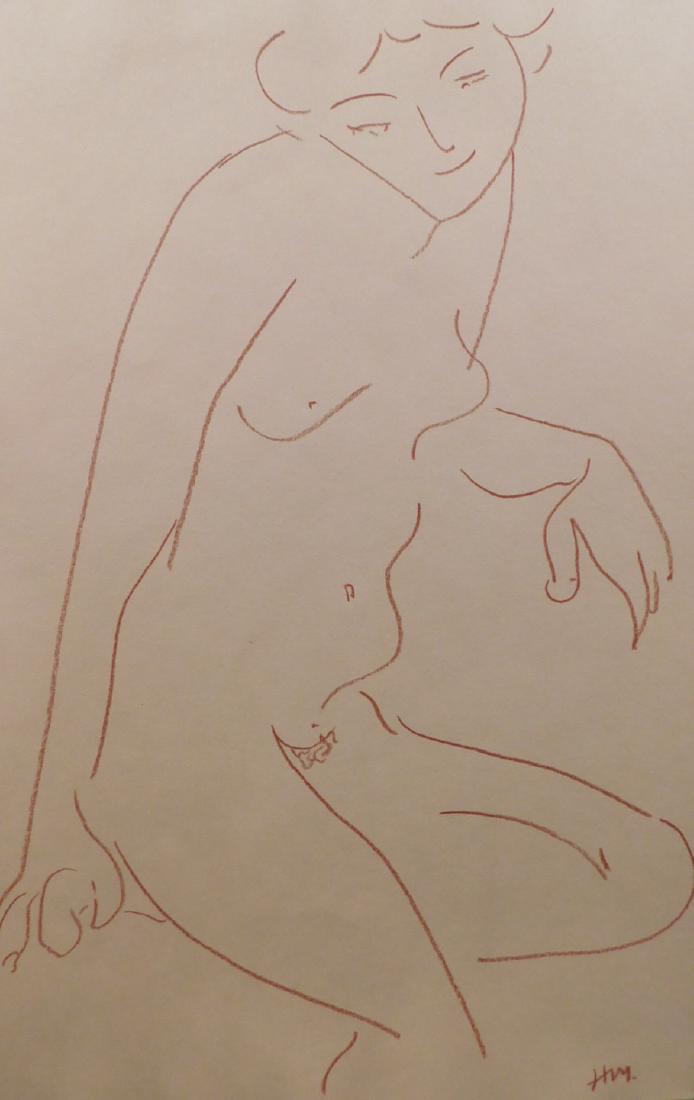 Henri Matisse: Nude Woman: Henri Matisse (French 1869-1954)Attributed: pencil/crayon on paper, initialed bottom right, decorative stamp verso.Henri Emile Benoit Matisse was known for both his use of colour and his fluid and ori