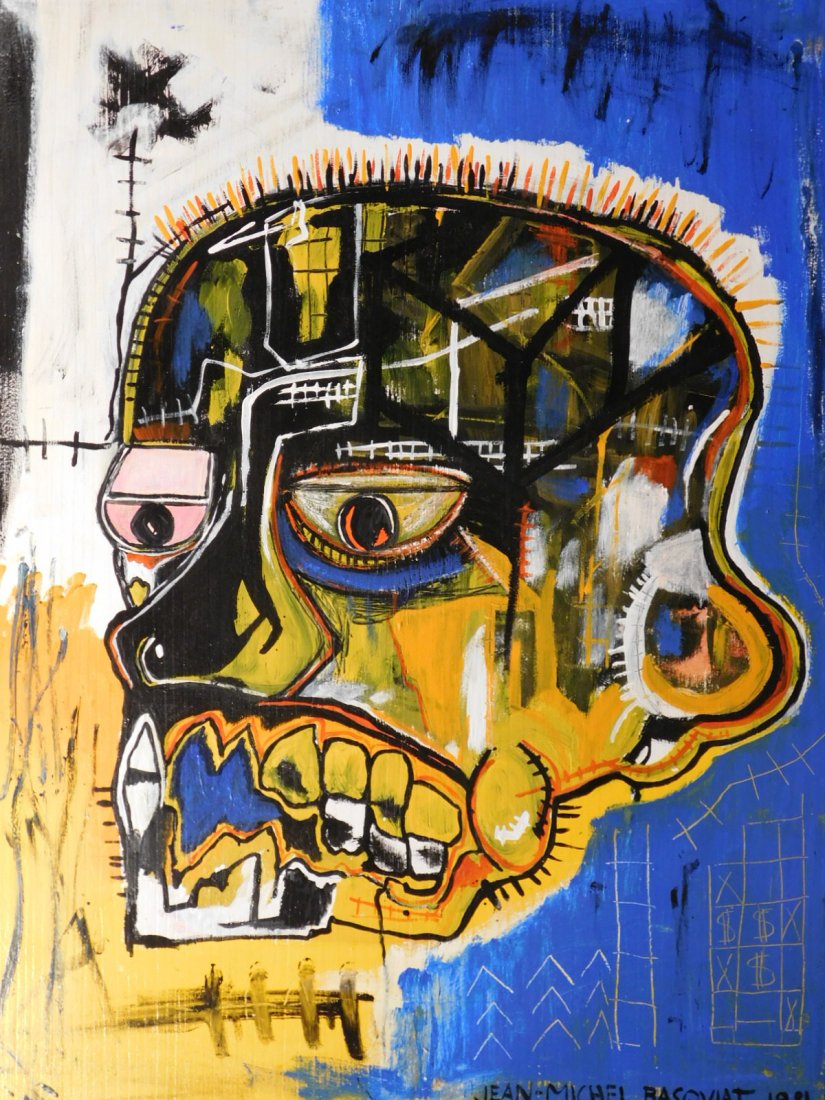 Jean-Michel Basquiat: Scull (sic): Jean-Michel Basquiat American, 1960-1988) Manner of the artist: Scull (sic),Acrylic on Board, signed bottom right. Jean-Michel BasquiatÂ first achieved fame as part of SAMO, an informal graffiti duo