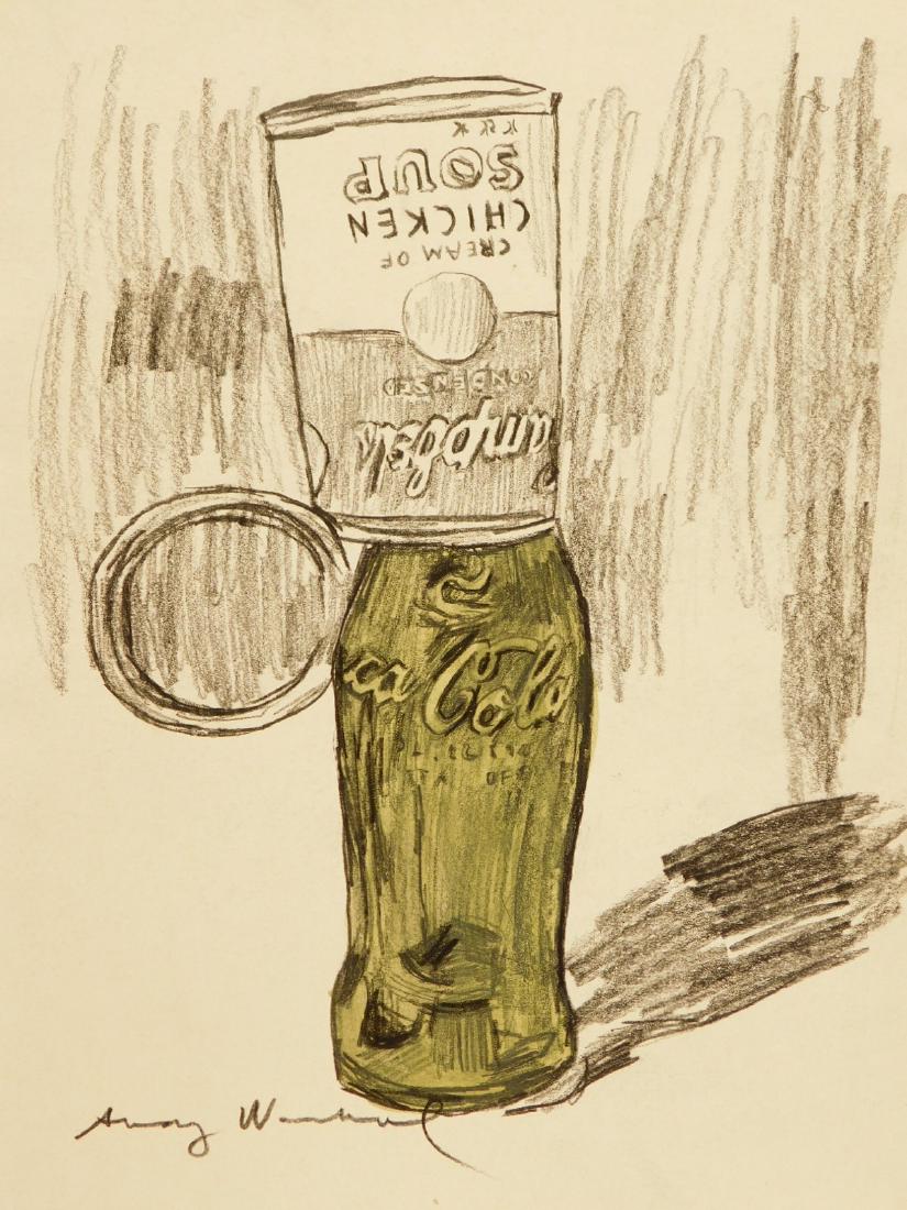 Andy Warhol: Coke Bottle and Soup Can: Andy Warhol (American, 1928-1987) Attributed/Manner of: Coke Bottle and Soup Can, graphite and watercolor on white paper, verso signed, stamped Deal Fine Arts, London, marked with ref. #s and '85. soi