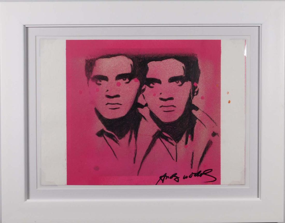 Andy Warhol: Double Elvis: Andy Warhol (American, 1928-1987)Attributed: Double Elvis. Mixed media on paper (graphite, acrylic, silk screen, ink), signed front and reverse, verso marked with stamp of Coopers International Auctio