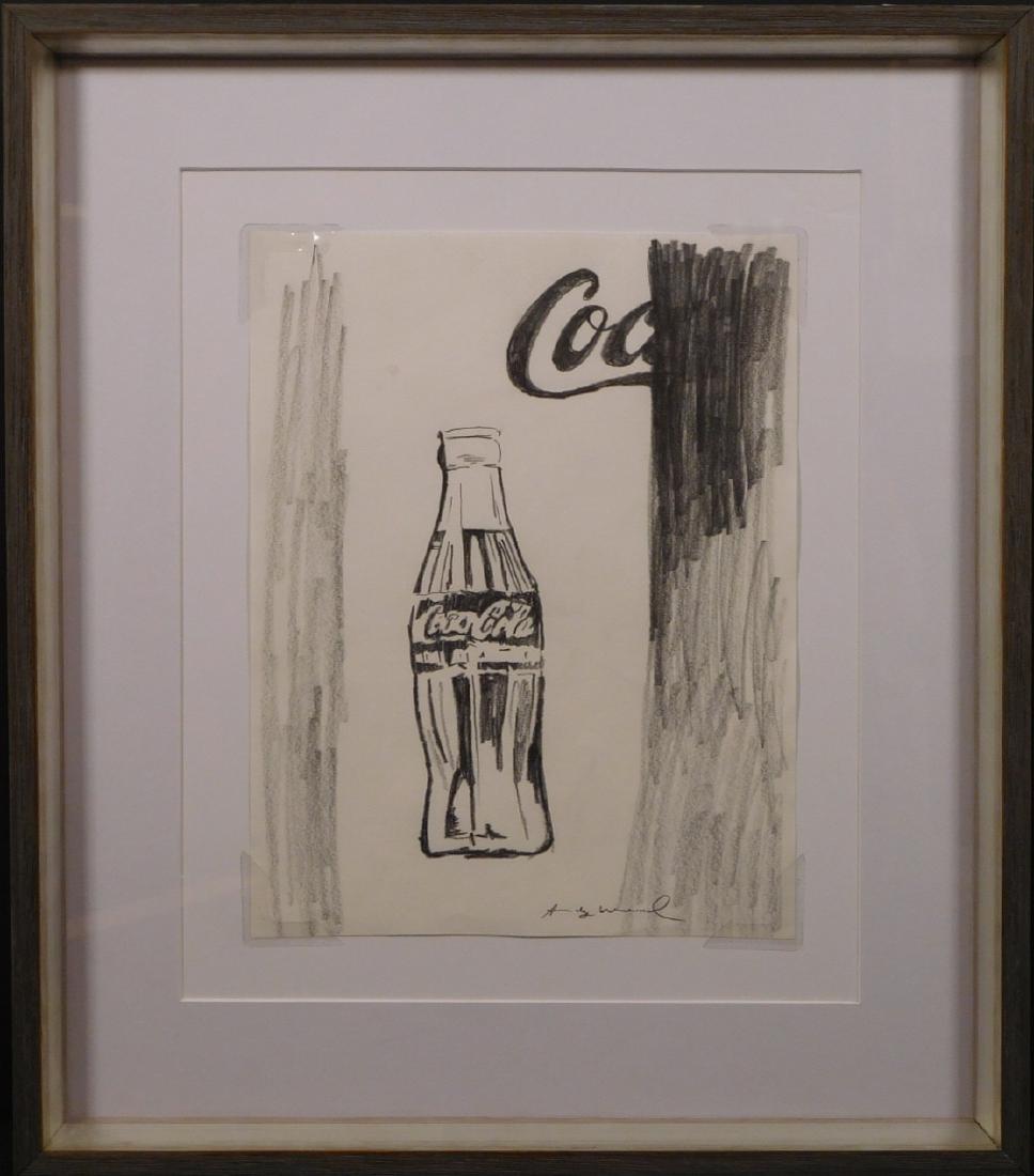 Andy Warhol: Coca Cola Bottle: Andy Warhol (American, 1928-1987) Attributed: Coca Cola Bottle, pencil on paper, signed bottom right and verso, stamped contemporary masters exhibition verso, framed. Andrew Warhola was an American ar