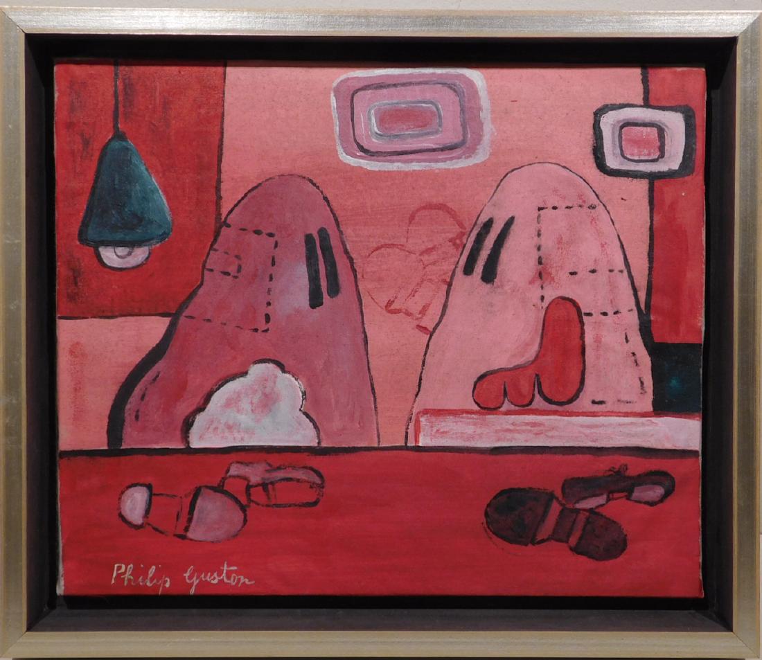 Manner of Philip Guston: Hooded Figures with Shoes: Manner of Philip Guston (American, : 1913-1980): Hooded Figures with Shoes, oil on canvas, signed lower left, framed. 13.75 x 16.25" Canvas Size/ 16 x 18.5" Frame Size