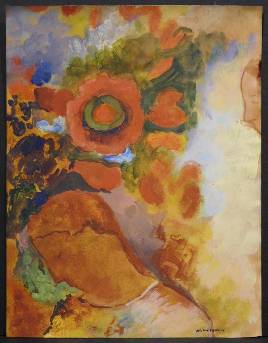 After Odilon Redon: Heads with Flowers: Odilon Redon (French, 1840-1916) After: oil on paper, signed bottom right, framed. Odilon Redon was a prints man, draftsman, and painter best known for his brightly colored still lifes, which oftentim
