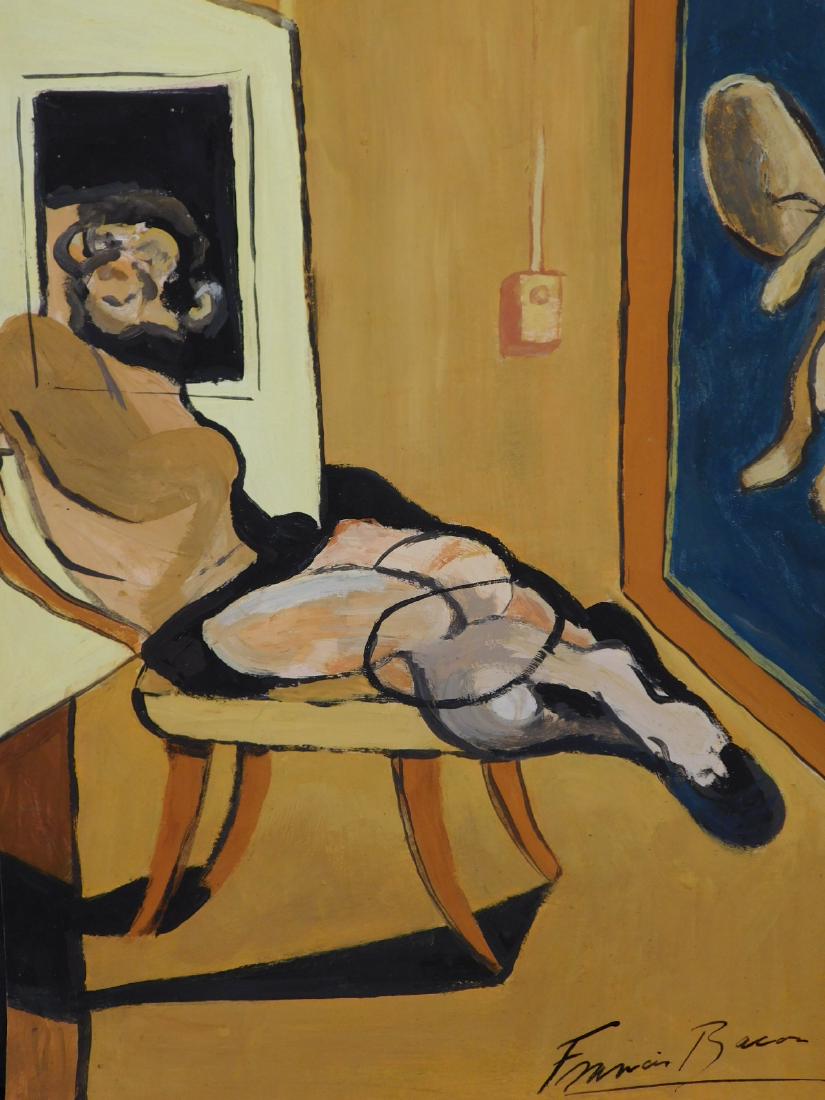Francis Bacon: Seated Man: Francis Bacon (British, 1909-1992) Manner of: Untitled, Seated Man. Gouache on paper. Signed in lower right. Verso marked with reference number and Fine Arts London Seal. Possible study for Bacon's Se