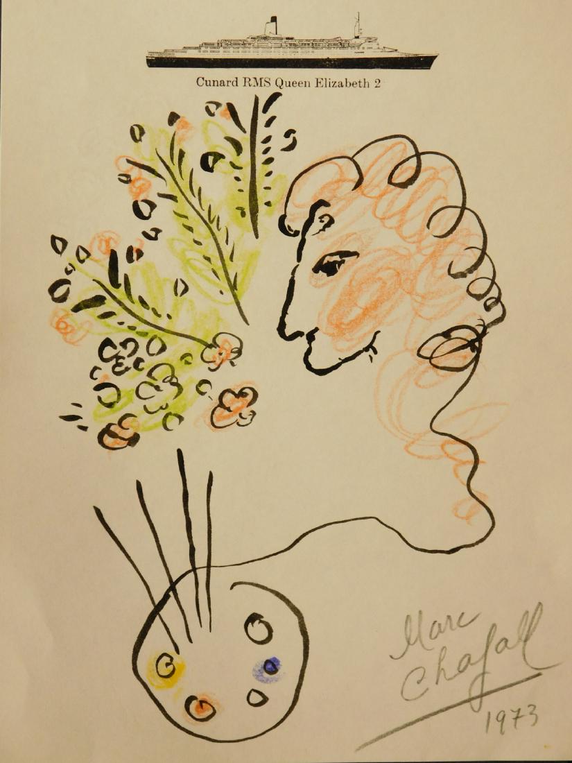 Marc Chagall: QE2 Souvenir Drawing 1973: Marc Chagall (1887-1985) Attributed: QE2 Souvenir Drawing 1973. Signed drawing on a sheet of stationary from the Cunard RMS Queen Elizabeth 2. Black ink and chalk pencil signed and dated 1973 lower ri