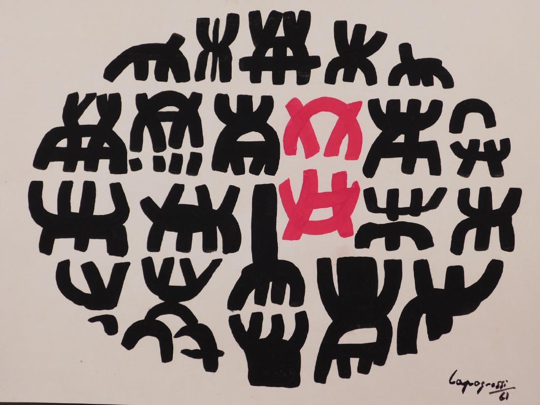 After Giuseppe Capogrossi: Composition in Red and Black: Giuseppe Capogrossi (Italian, 1900-1972)Attributed: Composition in Red and Black (Oval Shape). Gouache on paper, signed and dated (61) lower right, unframed. Giuseppe Capogrossi was born in 1900 in Ro
