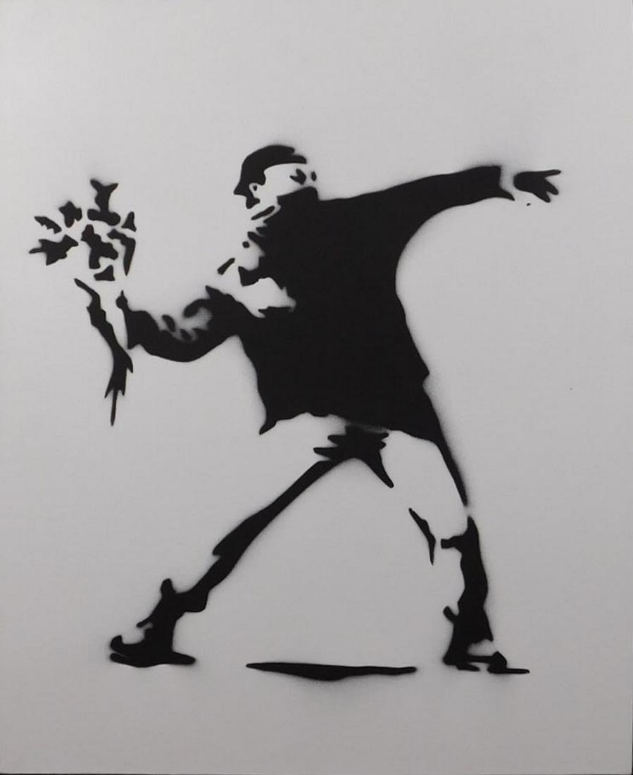 Banksy: Rage, Flower Thrower Dismaland Souvenir: Banksy (British, b. 1974) After: Rage, Flower Thrower, spay paint on canvas board, Banksy stencil signature verso with numbering 26/100, "Banksy is Dismal," "Enjoy your free art," and a Dismaland park