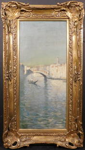 Frank Myers Boggs: Venetian View: Frank Myers Boggs (1855-1926): Venetian View, Oil on canvas, signed lower right, New York Gallery label on stretcher. Framed. Frank Boggs was a master of cloudy skies in landscape paintings, but wa