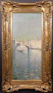 Frank Myers Boggs: Venetian View: Frank Myers BoggsÂ (1855-1926): Venetian View, Oil on canvas, signed lower right, New York Gallery label on stretcher. Framed. Frank Boggs was a master of cloudy skies in landscape paintings, but wa