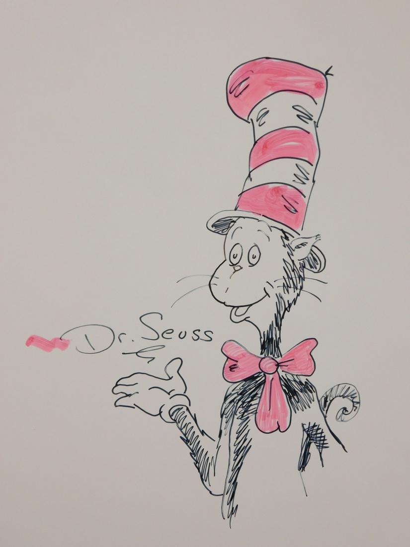 Dr. Seuss: The Cat in the Hat: Dr. Seuss (American, 1904-1991)Attributed: The Cat in the Hat. Ink and marker on paper, signed, unframed. 11 x 8.5" Paper. Private collector New York