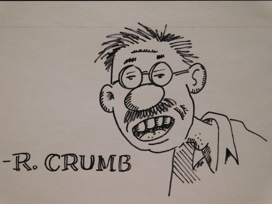Robert Crumb: Character Portrait: Robert Crumb (American b. 1943)Attributed: Character Portrait. Ink on index card unframed. Robert Crumb is a prolific American cartoonist whose work satirizes American culture . Much of his work is po