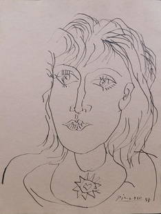 Pablo Picasso: Portrait of a Woman: Pablo Picasso (Spanish, 1881-1973) attributed: Portrait of a Woman , pen and ink on paper, signed and dated 37 lower right, unframed. Picasso was the most dominant and influential artist of the