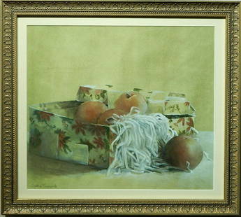 Cynthia Townsend: Box of Pears Still Life: Cynthia Townsend: Box of Pears Still Life. Watercolor and gouache on paper, signed lower left, framed. Dimensions: 17.25"x19.25" frame Provenance: Private Collection