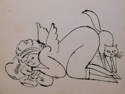 Andy Warhol: Cherub and Cat from In the Bottom of my: Andy Warhol (American 1928-1987)Attributed: Cherub and Cat from In the Bottom of my Garden series. Ink on paper signed verso circa 1950s. Unframed. This work represents Warhol's ink blot technique.
