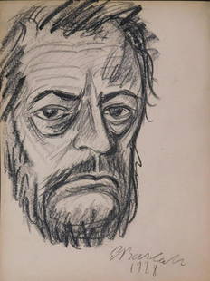 Ernst Barlach: Portrait of a Man: Ernst Barlach (German, 1870-1938) attributed: Portrait of a Man. Charcoal on paper, singed and dated 1928, unframed. Ernst Barlach was a German expressionist artists whose anti-war sentiments were