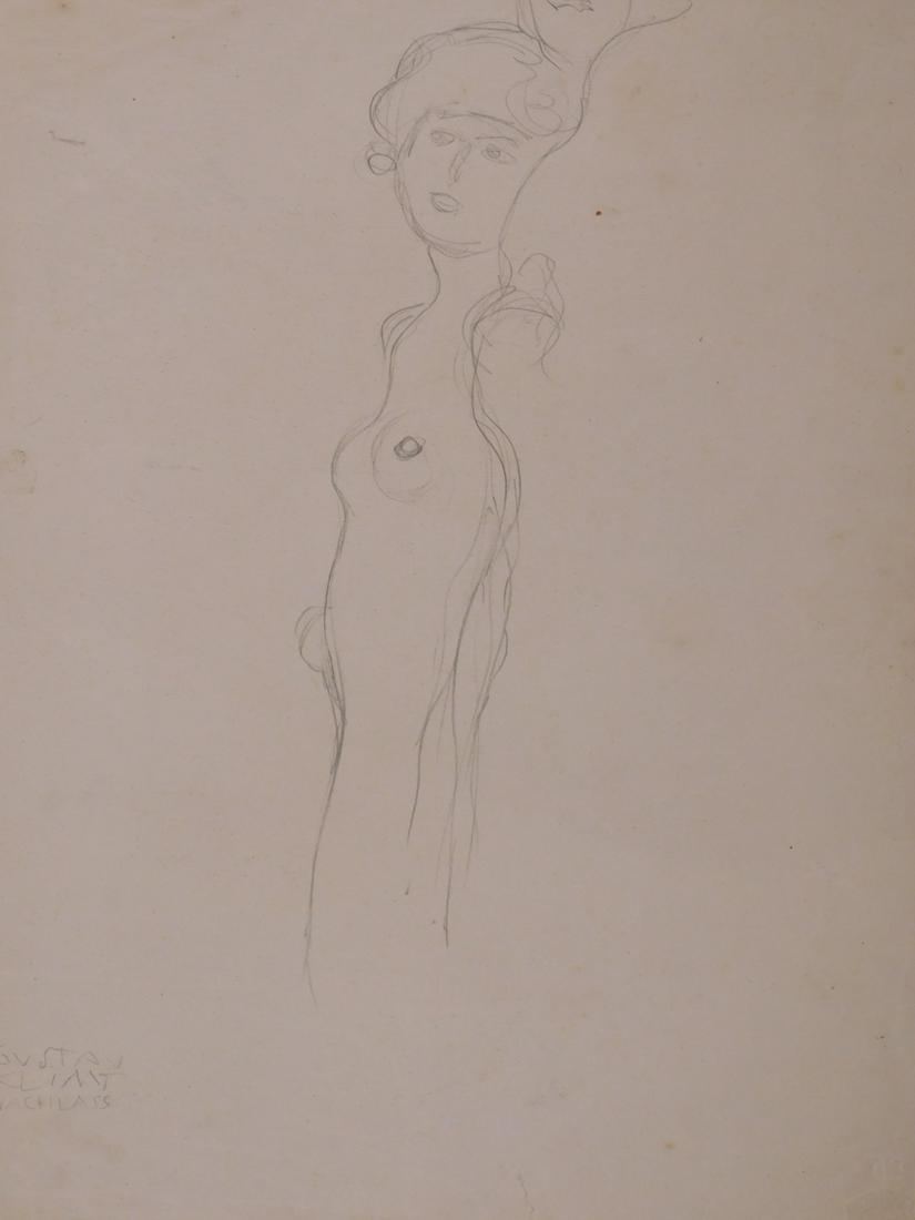 Gustav Klimt: Nude Figures: Gustav Klimt (Austrian, 1862-1918) Manner of: Untitled, Nude Figures. Pencil on paper. Signed lower left "Gustav Klimt Nachlass (Estate)". Verso marked with large floral drawing, sticker with referenc
