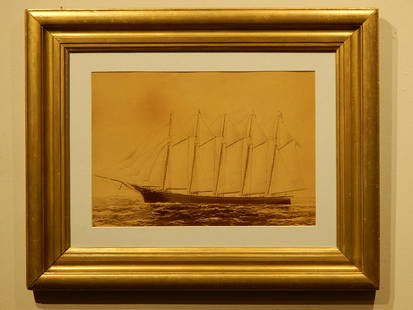Gov. Ames Schooner Albumen Photo c.1888: Albumen Photograph of Governor Ames Schooner, c. 1888. Installed in its original frame, under new matting. Dimensions: 17"x21.5" frame Provenance: Dimensions: 17"x21.5" frame Provenance: