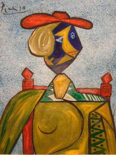 Pablo Picasso: Woman in Chair: Pablo Picasso (Spanish, 1881-1973) Attributed: Woman in Chair, Oil on paper, dated 23.5.54 and stamped with Goldwish Gallery stamp verso, unframed.Â Picasso was the most dominant and influential