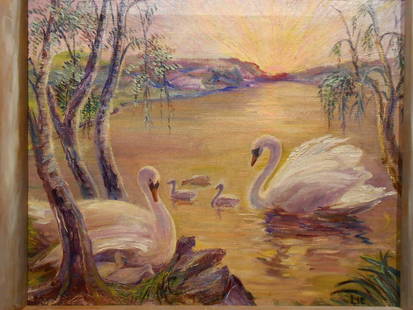Lie: 1950 Impressionist Swans: Lie: 1950 Impressionist Swans . This Impressionist painting of a family of swans in a glowing sunrise dates from around 1940-50, and is signed Lie. There are several known artists with that last