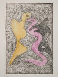 Max Ernst: Surreal Forms: Max Ernst (1891-1976) manner of: Surreal Forms, Etching with colored inks, signed, limited edition 6/70, verso stamp and signature from previous owner, unframed. Dimensions: 14 x 10" paper 