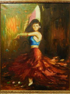 Peter Wood: Spanish Dancer: Peter Wood: Spanish Dancer: Acrylic on canvas, c.1980, signed lower right, framed. The frame has the wood engraving & letterpress label of Smith Glass, designed and printed by Leonard Baskin,