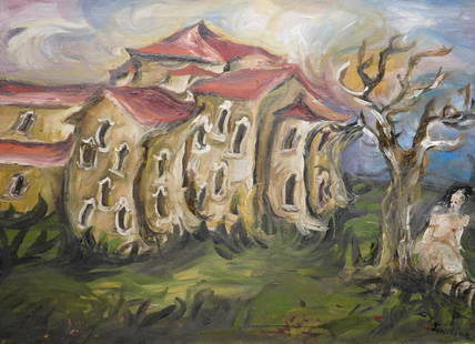 Chaim Soutine: Expressionist Landscape with figure: Chaim Soutine (French, 1893-1943) Manner of: Expressionist Landscape with figure. Oil on canvas, signed and framed. This work was possibly painted in Ceret, France when Soutine was living and