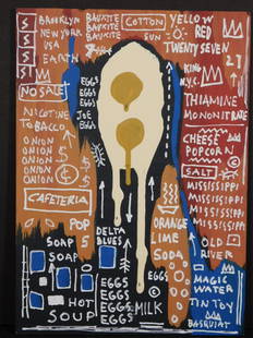 Manner of Jean-Michel Basquiat: Dripping Egg: Manner of Jean-Michel BasquiatÂ (American, 1960-1988): acrylic on board, signed bottom right with crown, unframed. BasquiatÂ first achieved fame as part of SAMO, an informal graffiti duo who