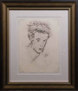 Egon Schiele: Self Portrait: Egon Schiele (Austrian, 1890-1918) Attributed/Manner of: Charcoal on paper, signed and dated 1913, framed. Egon Schiele was a leading figure of the Austrian Expressionist movement most well known