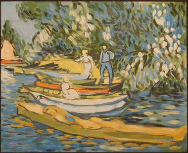 Manner of Vincent van Gogh: Riverside Study: Manner of Vincent van Gogh (Dutch, 1853-1890): Riverside Study, gouache and tempera on paper, signed lower right. Illegible collector stamp with faint indiscernible pencil signature verso. This work
