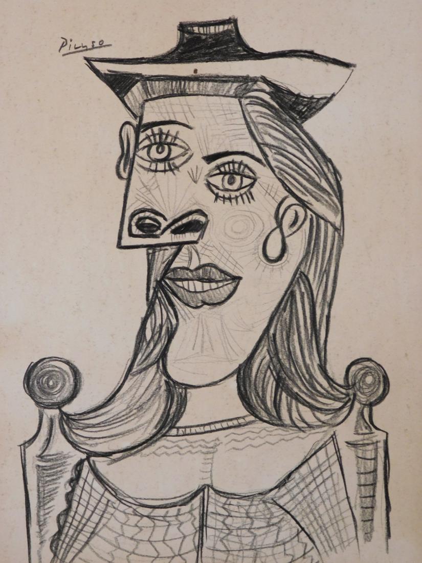 Pablo Picasso: Cubist Portrait of a Woman: Pablo Picasso (Spanish, 1881-1973) After: Cubist Portrait of a Woman. Graphite on paper, signed upper left, verso marked with numbers and Galerie Anderson Mayer stamp, unframed.Â Picasso was the mo
