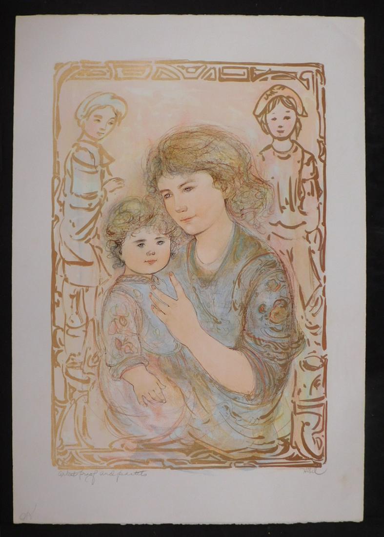 Edna Hibel: Once Upon a Time: Edna Hibel, American (1917 - 2014): Once Upon a Time, lithograph and pastel, signed lower right, artist's proof, titled with inventory numbered (447) verso, unframed. Hibel's work has been exhibited i