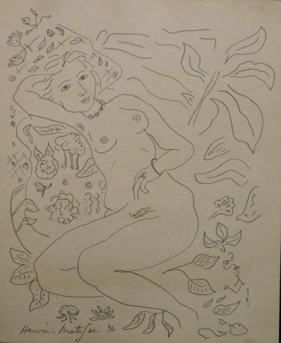 Henri Matisse: Reclining Woman: Henri Matisse (French, 1869-1954)Attributed: Reclining Woman, signed and dated lower left 36. Unframed Dimensions: 9.75 x 8 inches Provenance: Private collection England, Estate of Silvio Aguayo Espej