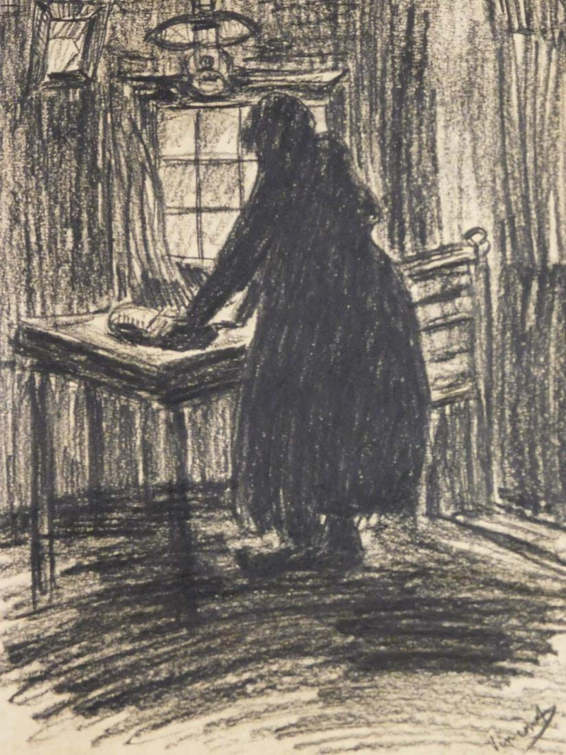 Vincent van Gogh: Study of a Peasant Woman: Vincent van Gogh (attributed to/in the manner of) (1853-1890): Study of a Peasant Woman, charcoal drawing on paper, signed, verso decorative stamp of Musee d'Orsay, Paris, France. Dimensions: 11 x 8 i