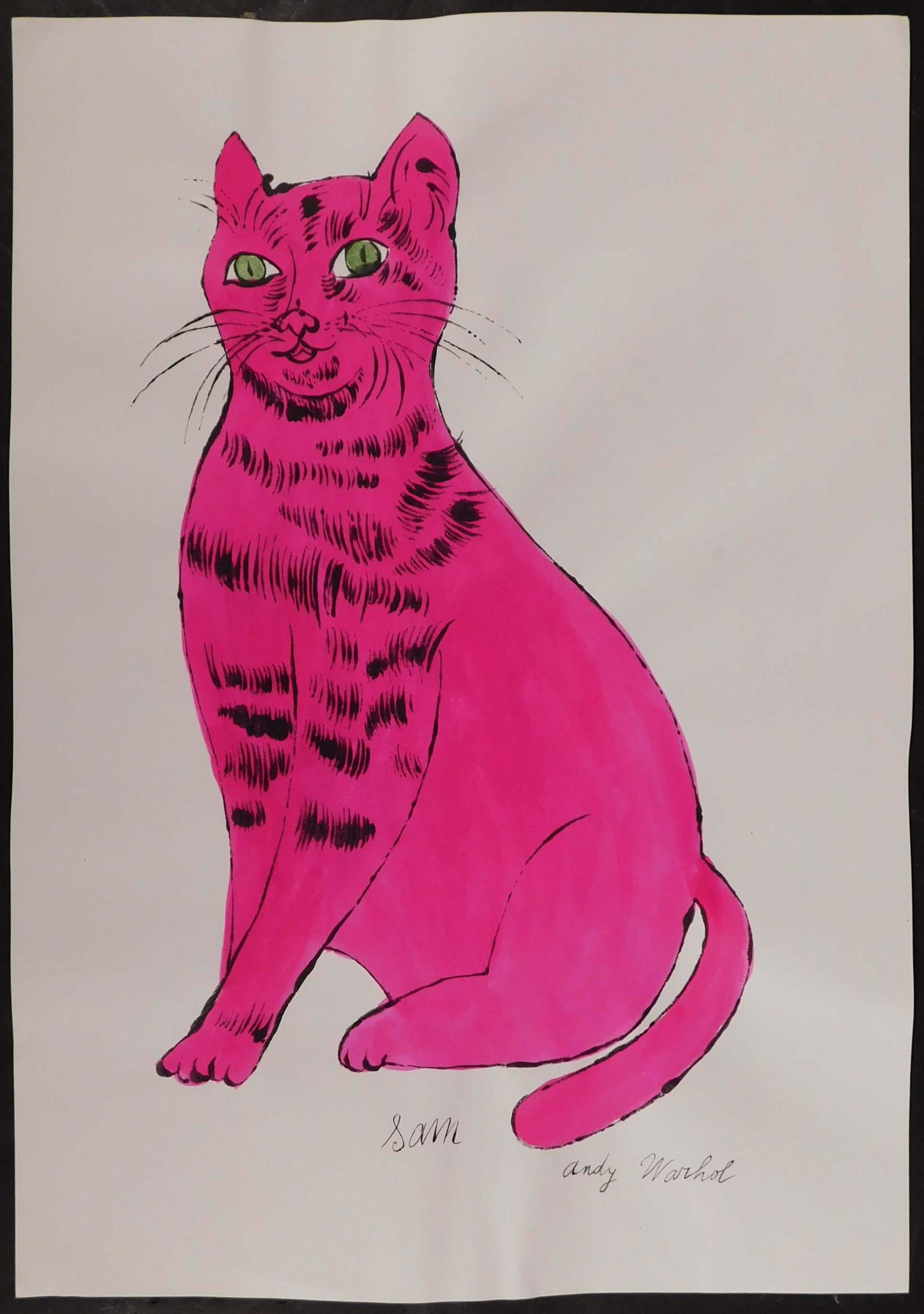 Andy Warhol: Sam The Cat: Andy Warhol (American, 1928-1987) attributed: Sam The Cat, hand colored lithograph. A trial proof, presumably unique in this composition. Signed lower right. In the 1950s, Andy Warhol worked as a free