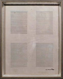 Manner of Agnes Martin: Drawing on Canvas: Agnes Martin (Canadian, 1912 - 2004) Manner of: Untitled (Four Minimalist Line Panels), ink on primed linen, signed lower right, inventory number upper left, framed. Agnes Bernice Martin, born in